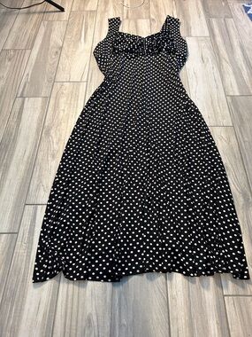 Black White Polka Dot Midi Dress Ruched Bodice Sz 1X Wide Straps Retro Party